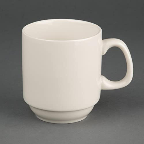 Olympia Ivory Porcelain Stacking Mugs 285ml 10oz, Pack of 12 | Rolled edges prevent chipping, while full vitrification ensures reliable heat and shock resistance for coffee or tea service.