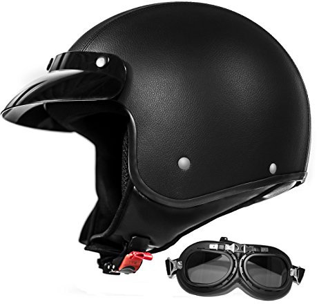ATO Moto Pilotenhelm Jet Helm mit Leder bezogen + Brille ECE 2205 (M 57/58cm)