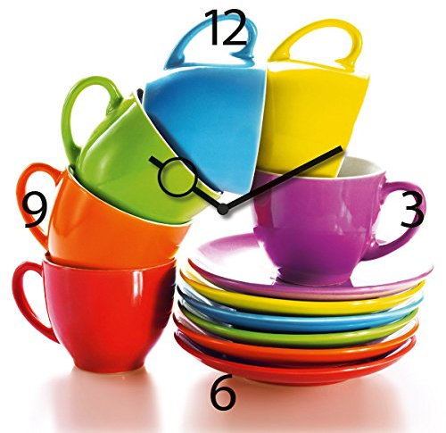 Wanduhr aus Glas für die Küche, Joyful Espresso Drinking, bunte Tassen gestapelt, 30x30 cm von Eurographics