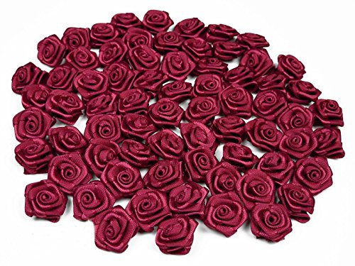 Rosen 15 mm x 100 Stück Satinrosen Aufnäher Deko Blumen Röschen zum Basteln Haarschmuck kleine Rosenköpfe Farbe: weinrot/bordeaux 193