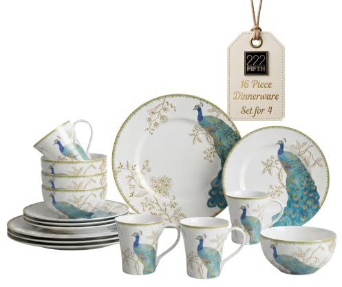 222 Fifth Peacock Garden - Vajilla de porcelana de 16 piezas con platos redondos: servicio para 4, color blanco