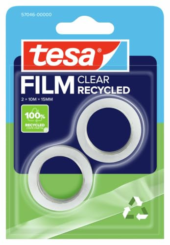 tesafilm Clear Recycled Tape - Transparent - 2 Rolls - 10m x 15mm | Two tear-resistant transparent film rolls made from 100% recycled plastic - strong, solvent-free and resistant to ageing
