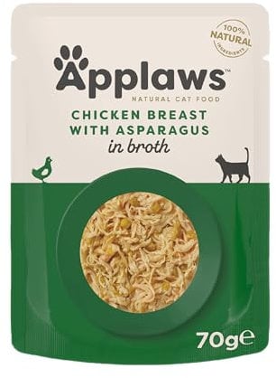 Applaws Premium Natural Katzenfutter Nass, Huhn mit Spargel in Brühe 70 g Portionsbeutel (12x70g)