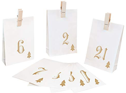 Adventskalender zum Befüllen Simple 24 Papiertüten Geschenktüten Weihnachten, Weihnachtskalender Bastelset inkl. Holzklammern von pajoma