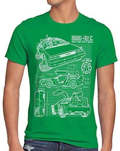 style3 DMC-12 Blaupause T-Shirt Herren Zeitreise 80er McFly Blueprint Auto Car, Größe:XL, Farbe:Grün