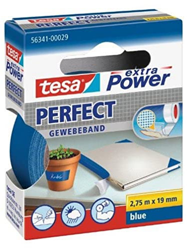 tesa extra Power Perfect Gewebeband - Gewebeverstärktes Ductape zum Basteln, Reparieren, Befestigen, Verstärken und Beschriften - Blau - 2,75 m x 19 mm