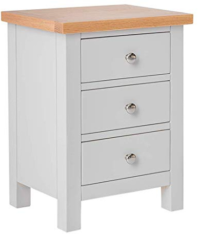 RoselandFurniture Farro Grey 3 Drawer Bedside Table | Fully Assembled | Painted Wooden Night Stand Cabinet with Oak Top, Contemporary Coastal Style, H56cm W42cm D32cm