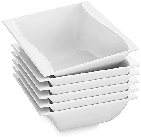 MALACASA Cereal Bowls Set of 6, 380ML 5.2 Red Stripes Salad Bowl Soup Bowl Noodle Bowl Dessert Bowls Porcelain Rice Bowl White Bowls Small Breakfast Bowls, Series Carina