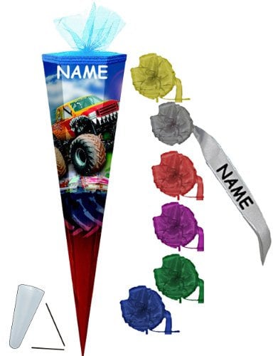 alles-meine.de GmbH Schultüte - Monster Truck 85 cm - incl. Namen und individueller Schleife mit Tüllabschluß - mit/ohne Kunststoff Spitze - Zuckertüte LKW Auto Autos Monstertr..