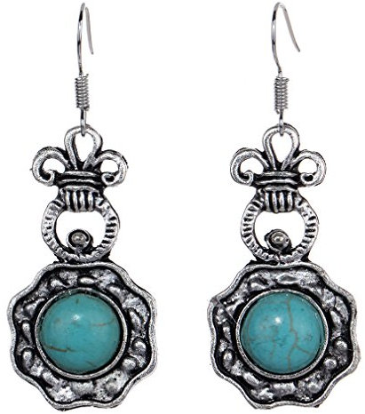 Yazilind Vintage-tibetischen Silber-Blumen Runde Türkis Inlay lange baumeln Ohrring-Frauen
