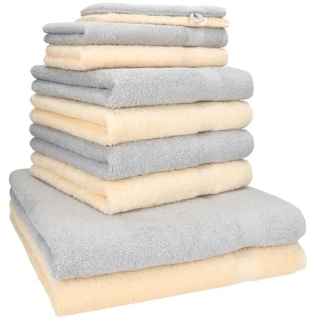 Betz 10-TLG. Handtuch-Set Premium 100% Baumwolle 2 Duschtücher 4 Handtücher 2 Gästetücher 2 Waschhandschuhe Farbe Silber Grau & Beige