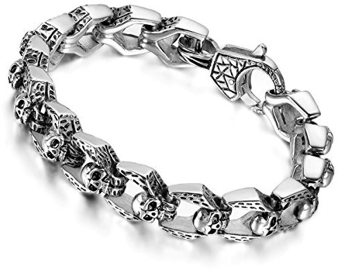Flongo Herren Armband Herrenkette, Edelstahl Armband Armreif Link Handgelenk Silber Schwarz Totenkopf Schädel Gotik Motorradfahrer Biker Männer Herren-Accessoires