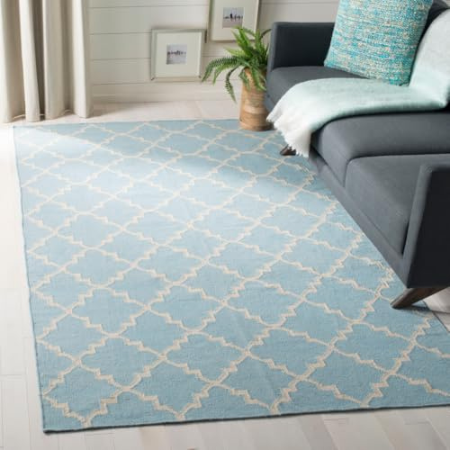 SAFAVIEH Dhurries Collection Area Rug - 6' x 9', Light Blue & Ivory, Handmade Flat Weave Wool, Ideal for High Traffic Areas in Living Room, Bedroom (DHU554B)