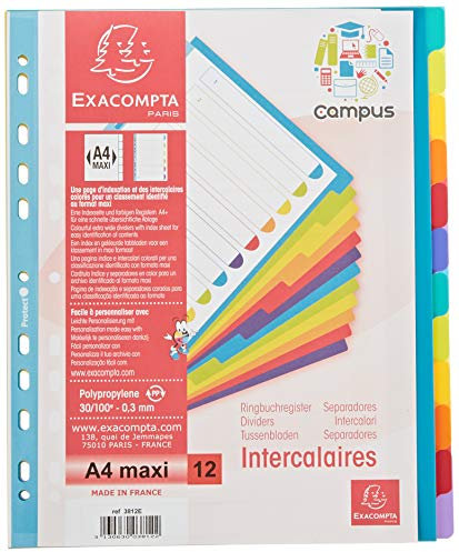 Exacompta 3812E Premium-Register Campus für DIN A4 MAXI aus langlebigem Kunststoff 12-teilig volle Höhe 24 x 29,7 cm vollfarbig 2 x 6 Farben mit Indexseite zum selbstgestalten Trennblätter 2 x 6 Farben | mit Indexseite