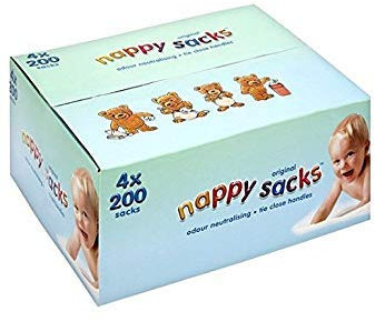 Polylina Nappy Sacks 4 Pack of 200, 800 Total, Unscented, White, Plastic, Disposable, Rectangular, Baby Waste Bags