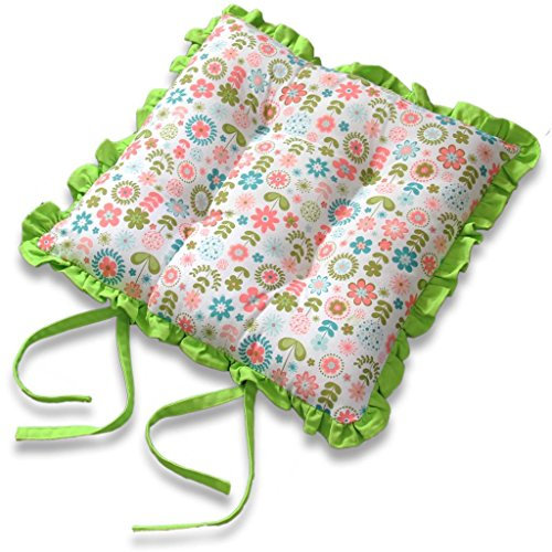 Homescapes Sitzkissen 40x40 cm „Retro-Blumen“ grün-rosa – Vintage Stuhlkissen mit Rüschen & Bändern, Wende-Design mit gestreifter Rückseite, waschbar & Oeko-TEX