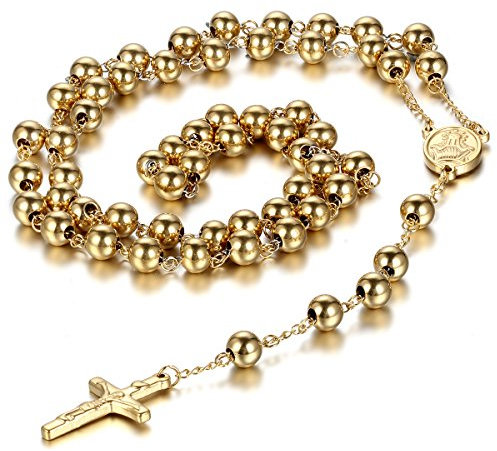 JewelryWe New Gold Stainless Steel Rosary Beads Necklace with Crucifix Cross Pendant 36.6 Inch Chain, 8mm Beads