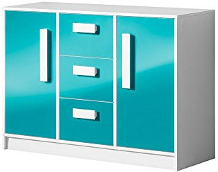 Furniture24 Kommode Sideboard GULIVER 06 mit 2 Türen und 3 Schubladen (Weiß/Türkis Hochglanz)