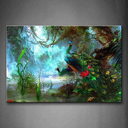 Pfau Bilder Leinwand 24x36inch Bild Tier im Wald Wandbilder Wohnzimmer Moderne für Schlafzimmer Dekoration Wohnung Home Deko Kunstdruck