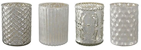 Unbekannt Glas- TEELICHT mit DEKOR ca 10 cm. 4 STÜCK. Teelichtglas teilw. verspiegelt. Silber -49