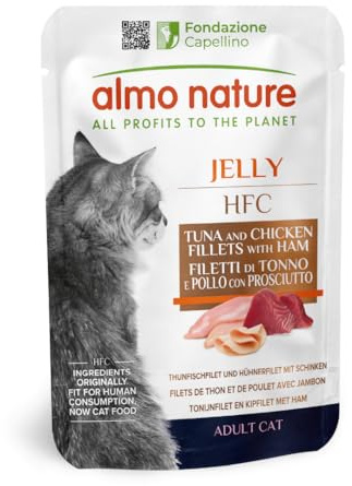Almo Nature HFC Jelly - Wet Cat Food for Adult Cats - Tuna, Chicken and Ham - Human-Grade, Gluten-Free - 55g (Pack of 24)