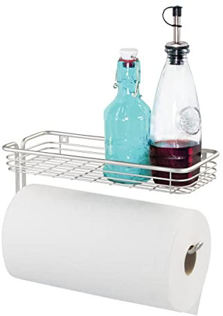 iDesign Classico Wand Küchenrollenhalter | Küchenpapierhalter mit Ablagekorb | auch als Klorollenhalter geeignet | Metall mattsilber