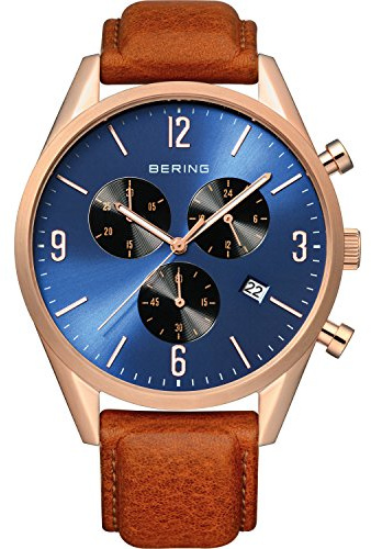 BERING Herren Quarz Uhr | Armbanduhr 42 mm Edelstahlgehäuse und Zifferblatt | Kalbslederarmband | Saphierglas | 5 ATM | 10542