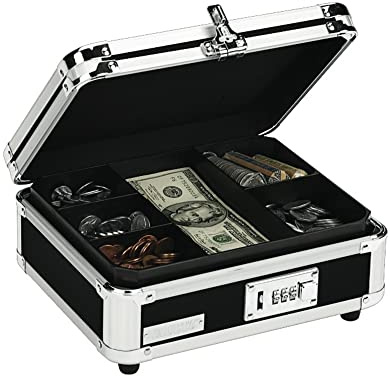 Plastic & Steel Cash Box w/Tumbler Lock, Black & Chrome