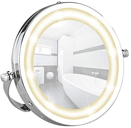 WENKO 3656350100 LED Kosmetikspiegel Brolo - Handspiegel, Spiegelfläche ø 11cm, 300% Vergrößerung, Stahl, 18.5 x 16 x 4 cm, Chrom