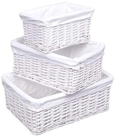Woodluv Storage Baskets, Storage Basket for shelves Set of 3, Hand-Woven Wicker Baskets to make hampers, Storage Box, Display Hampers, Storage Organiser for Bedroom, Bathroom, Home or Office, White