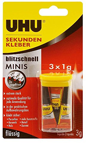 UHU SEKUNDENKLEBER blitzschnell MINIS, Aufbewahrungsbox mit 3x1g, Infokarte