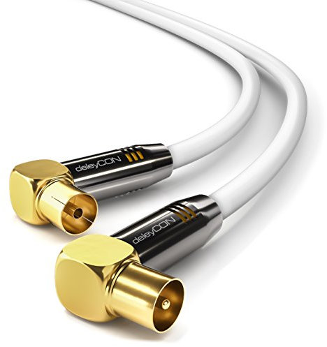deleyCON 20m TV Cable de Antena HDTV Full HD 2x en Ángulo Cable Coaxial - Enchufe de TV (90° Grados) para Toma de TV (90° Grados) Tapón de Metal - Blanco