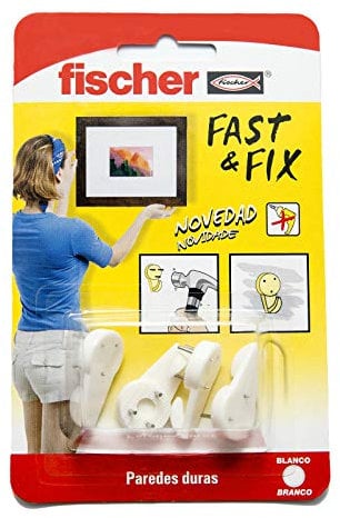 fischer - Fija Cuadros 3 Puntas Fast & Fix | Cuelga Cuadros sin Clavos ni Agujeros | Hasta 16 Kg con 2 Ganchos | Reutilizable | Ideal para Madera, Pladur y Yeso | 4 uds | Blanco
