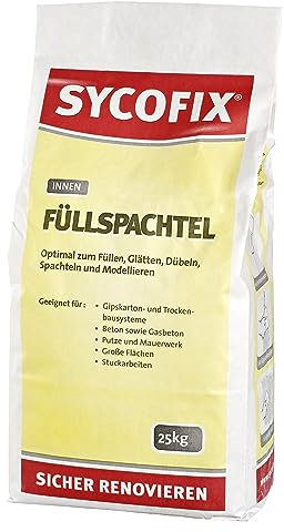 Füllspachtel innen, 25 kg zum Füllen, Glätten, Spachteln, Dübeln und Modellieren, Gipskarton- und Trockenbausystemen, Beton, Putze, Mauerwerk, auch für Stuckarbeiten, hoher Weißgrad, schnell trocknend