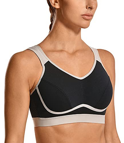 SYROKAN Women's Comfort Sports Bra High Impact for Large Breasts Wireless Stretch Support Bounce Control Black/Grey-2 40F
