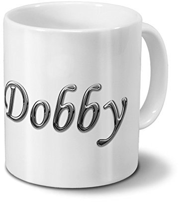 printplanet Tasse mit Namen Dobby - Motiv Chrom-Schriftzug - Namenstasse, Kaffeebecher, Mug, Becher, Kaffeetasse - Farbe Weiß
