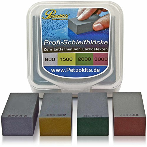 Petzoldt's Profi Nass-Schleifblock Set mit Körnung 800, 1500, 2000 und 3000, bearbeiten Sie Staubeinschlüsse, Lackläufer, Beispritzränder o. ausgetupfte Steinschläge