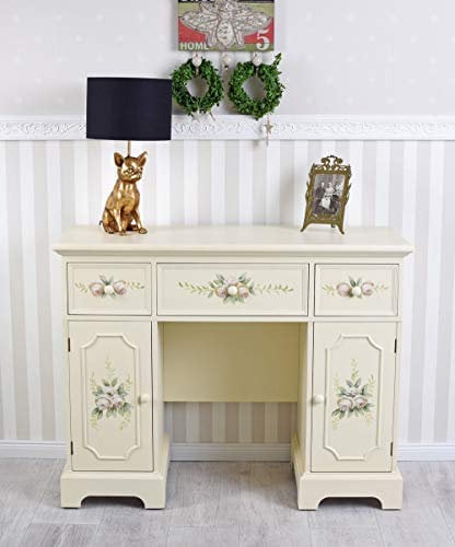 PALAZZO INT Vintage Schreibtisch „Villa Rosa“ – Landhaus-Stil Schreibmöbel aus Holz & MDF mit handbemalten Rosenranken, 3 Schubladen & 2 Türfächern, Antik-Patina, H80×B104×T39 cm FRF43