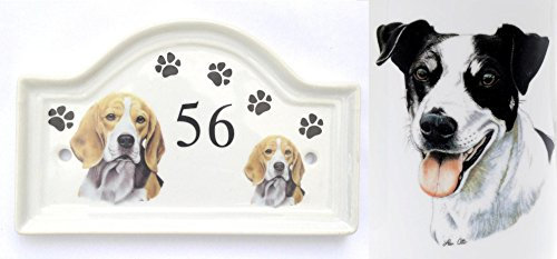 (BB34) House Door Number Plaque plate Ceramic BLACK & WHITE JACK RUSSELL Dog Breed Number Sign Any Number Available Hand Decorated in the U.K. Free UK Delivery Any breed- any house number- Dog House Door Plaque Porcelain Outdoor Plaques PAWPRINTS,