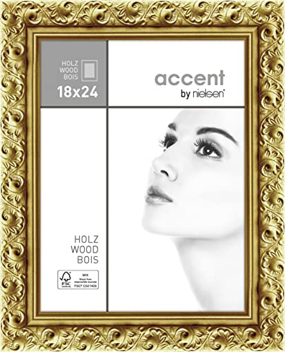 accent by nielsen Bilderrahmen, 18 x 24 cm, Holz, Gold, Fotorahmen zum Auftstellen und Aufhängen im Hoch- & Querformat, Echtglas, Arabesque