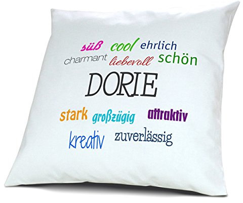 digital print Kopfkissen mit Namen Dorie - Motiv Positive Eigenschaften, 40 cm, 100% Baumwolle, Kuschelkissen, Liebeskissen, Namenskissen, Geschenkidee, Deko