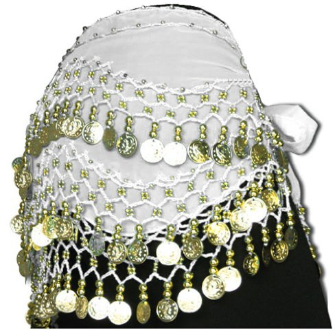 White Belly Dance Wrap Hip Scarf Belt With Gold Coins