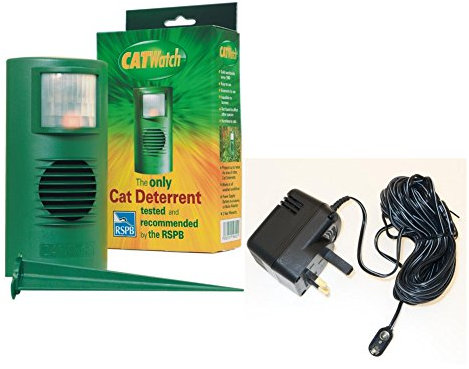 CATwatch - the RSPB approved ultrasonic cat deterrent to keep cats away from the garden.. COMPLETE with AC adapter Kit