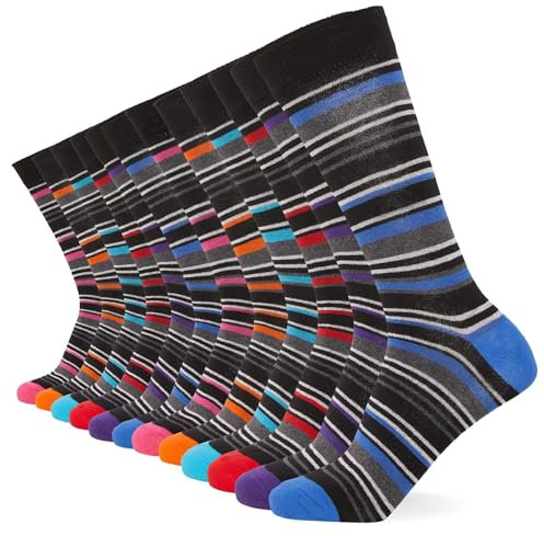 FM London Homme Chaussettes Intelligentes Fm London (Lot de 12) Chaussettes de mollet à motifs respirantes, Multicolore (rayé), 39-46