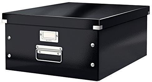 Leitz Click & Store Aufbewahrungsbox mit Deckel Groß, Box für Unterlagen bis A3 im Büro oder Haushalt, Transportbox aus 85 % recycelter Premium-Hartpappe, Stabile Metallgriffe, Schwarz, 60450095