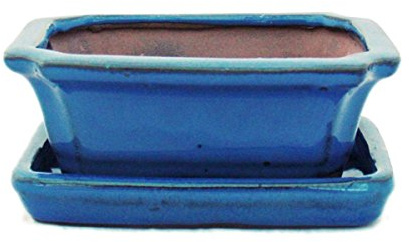 exotenherz Bonsai-Schale mit Unterteller Gr. 1 - Blau - eckig - Modell G13 - L 12cm - B 9,5cm - H 4,5 cm