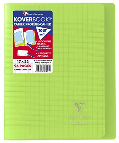 Clairefontaine 951403C - Schulheft / Kladde Koverbook 17x22 cm, 48 Blatt 90g, französische Lineatur, Einband aus transparentem Polypropylen, 2 Klarsichthüllen, robust, geheftet, Grün, 1 Stück