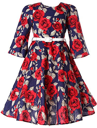 BONNY BILLY Vestito Bambina Elegante Cerimonia Festa Floreale Vintage Invernale Manica Lunga con Cintura 3-4 Anni Rosso