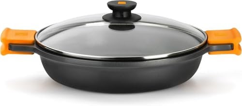 BRA Cacerola Baja con Tapa de Cristal y Asas de Silicona, Aluminio Fundido, Negro, 28 cm