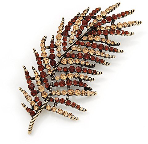 Broche Hoja Cristal Grande époustouflante en metal dorado antiguo (ámbar/Champaña) – Longitud 9 cm